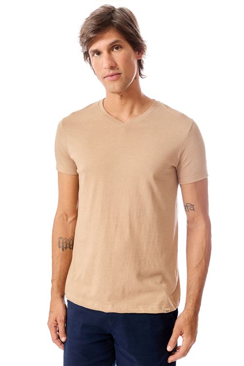 T-Shirt Básica Gola v Sem Costura Khaki