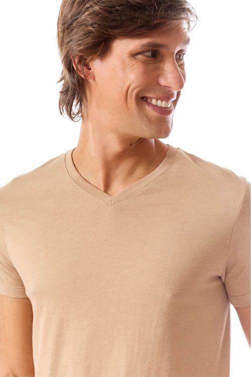 T-Shirt Básica Gola v Sem Costura Khaki