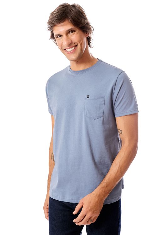 T-Shirt Básica Comfort Com Bolso Azul Jeans