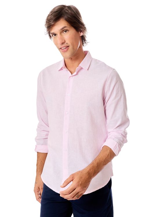 Camisa Linho Manga Longa Rosa Claro