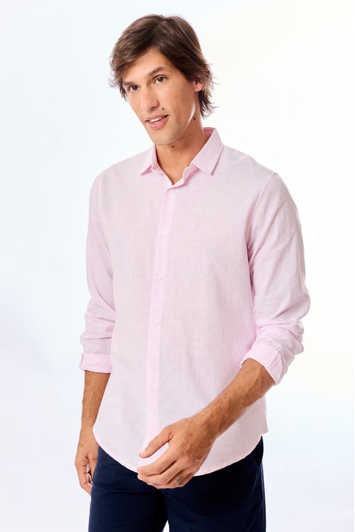 Camisa Linho Manga Longa Rosa Claro