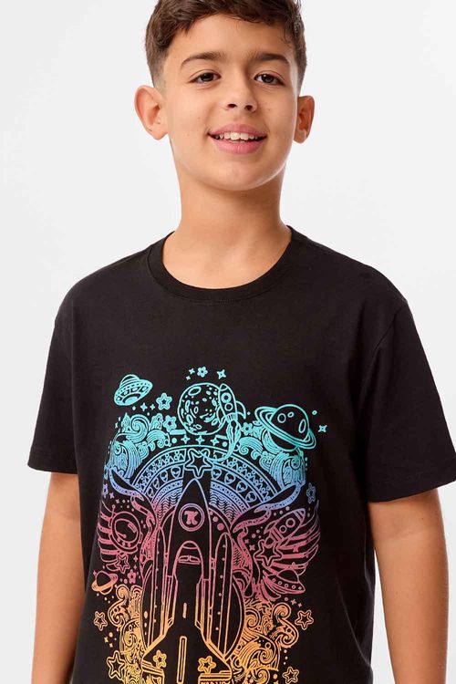 T-Shirt Infantil Estampada Space Rocket Preto