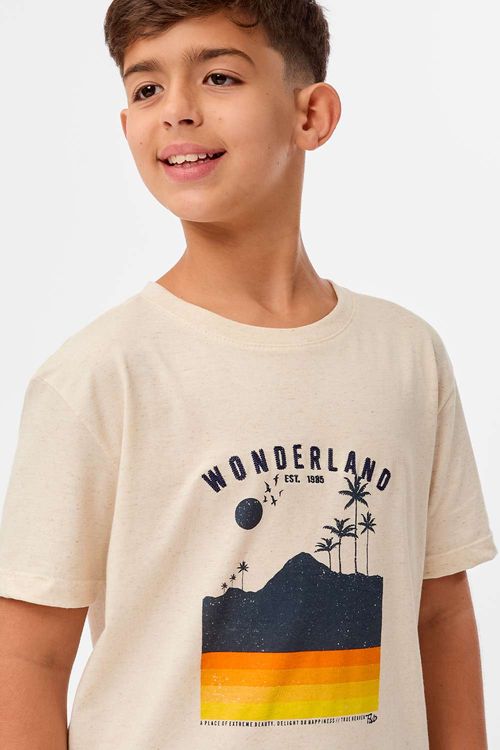 T-Shirt Infantil Estampada Wonderland Com Bordado Cru