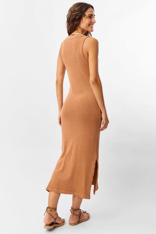 Vestido Básico Canelado Midi Marrom