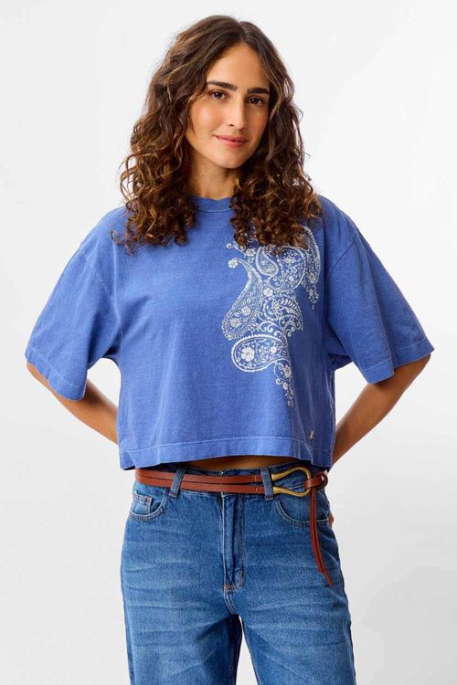 Blusa Cropeed Estampada Azul Royal
