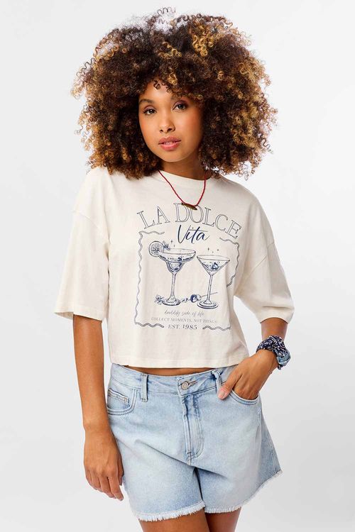 Blusa Cropped Estampada La Dolce Vita Off White