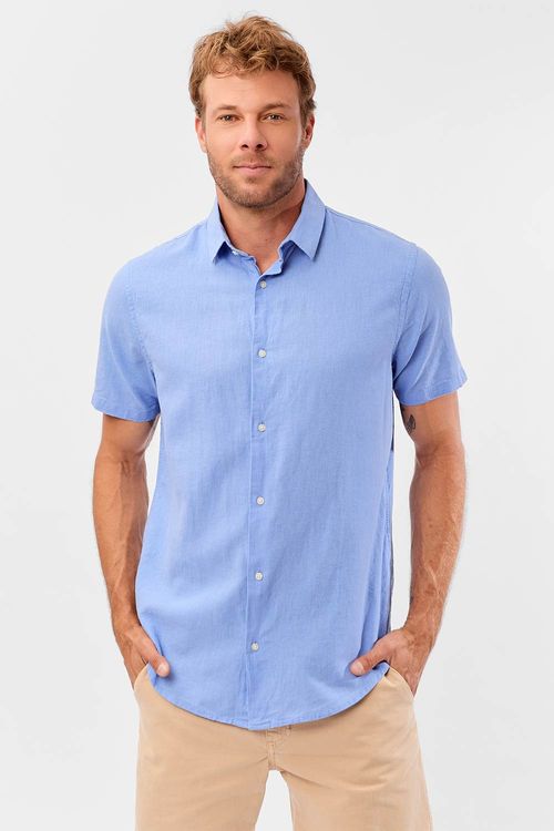 Camisa Linho Manga Curta Azul Clara