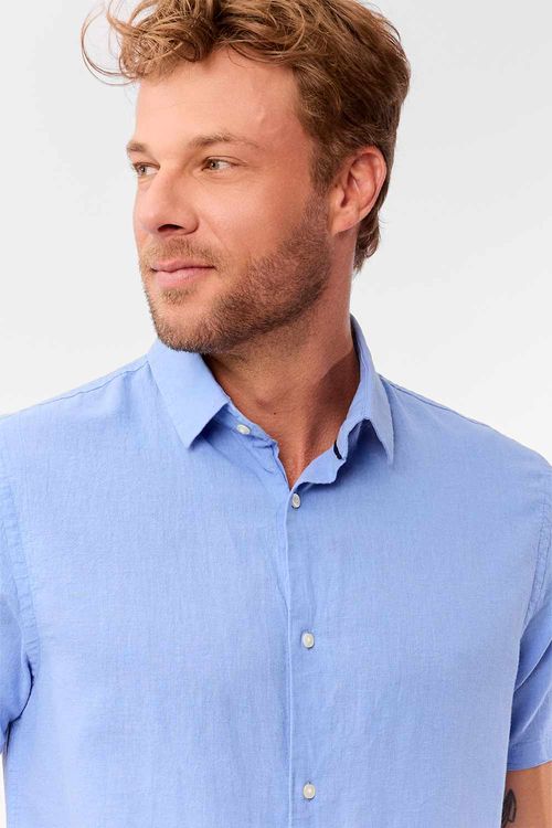Camisa Linho Manga Curta Azul Clara