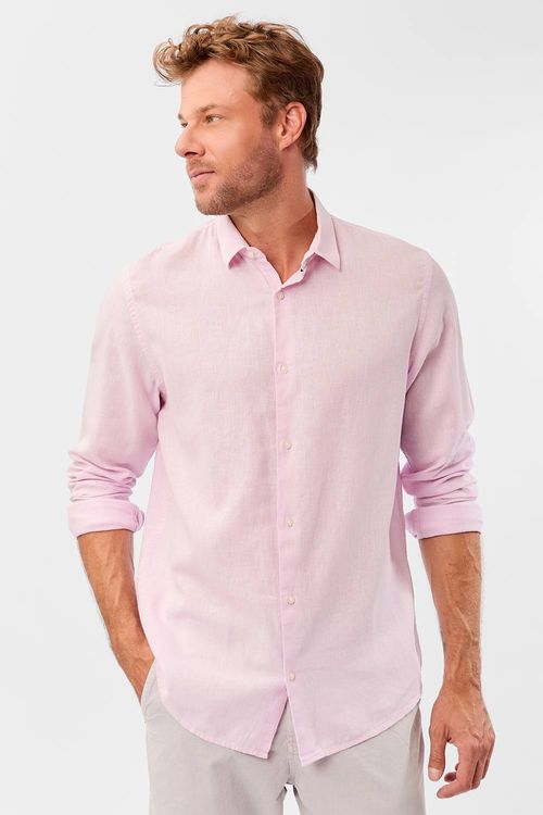 Camisa Linho Manga Longa Rosa Claro