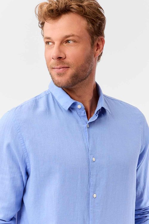 Camisa Linho Manga Longa Azul Claro