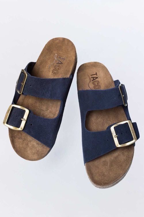 Sandália Papete De Couro Azul Marinho