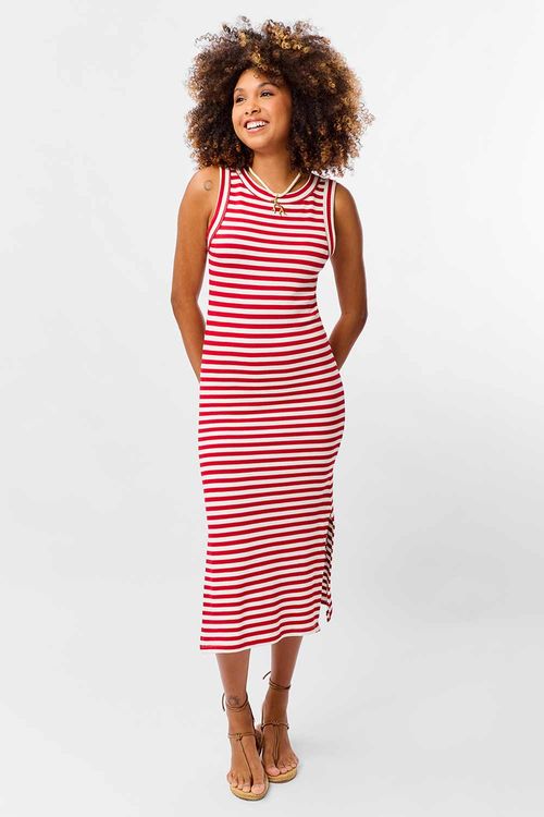 Vestido Básico Listrado Off White/Vermelho
