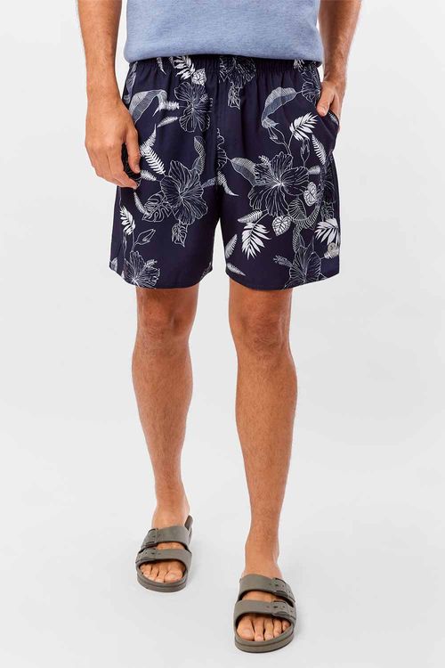 Short Estampado Flex Line Hibisco Azul Marinho