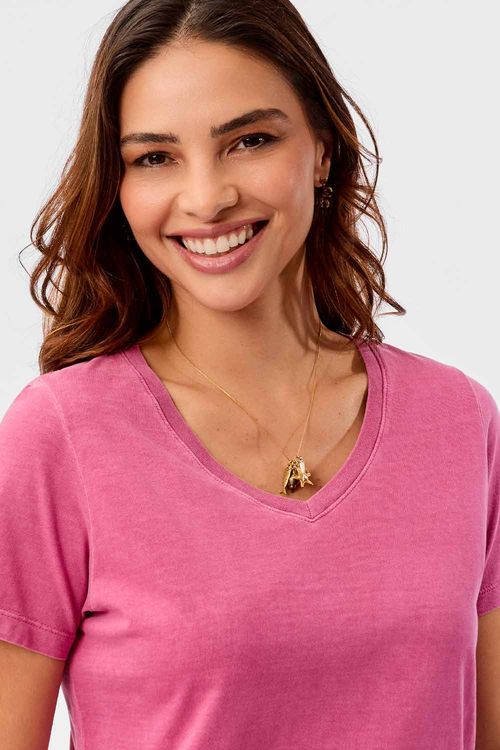 Blusa Básica Gola v Estonada Rosa Escura