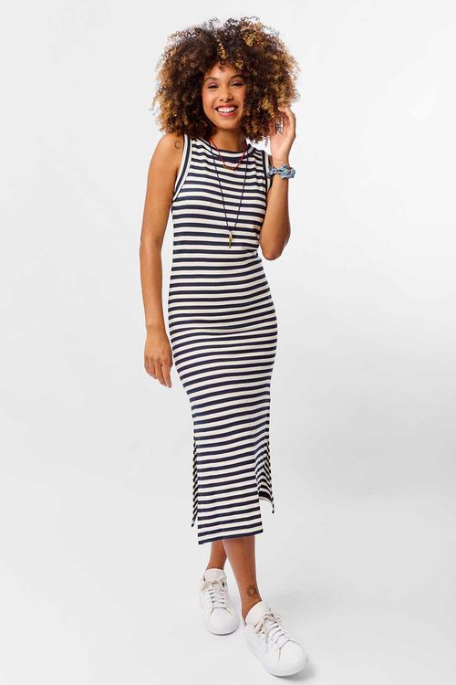 Vestido Básico Listrado Off White/Azul Marinho