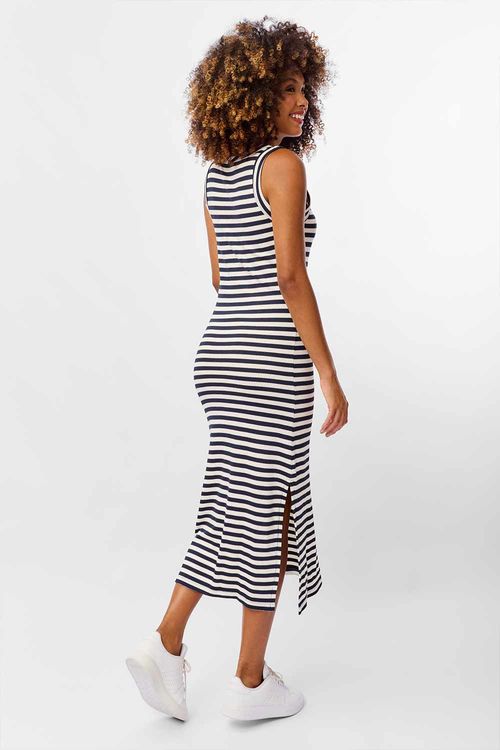 Vestido Básico Listrado Off White/Azul Marinho