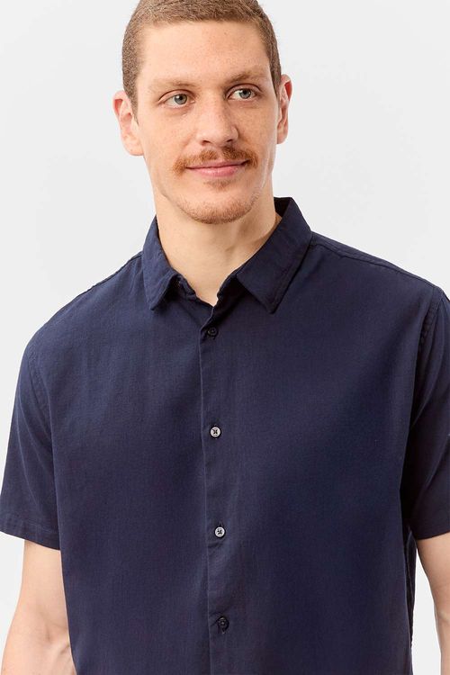Camisa Linho Manga Curta Premium Azul Marinho