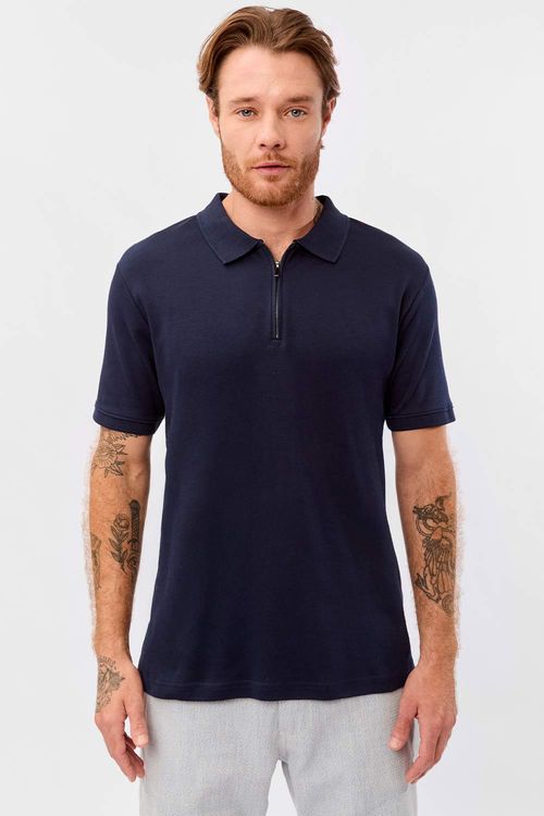 Polo Especial Com Gola Zíper Azul Marinho