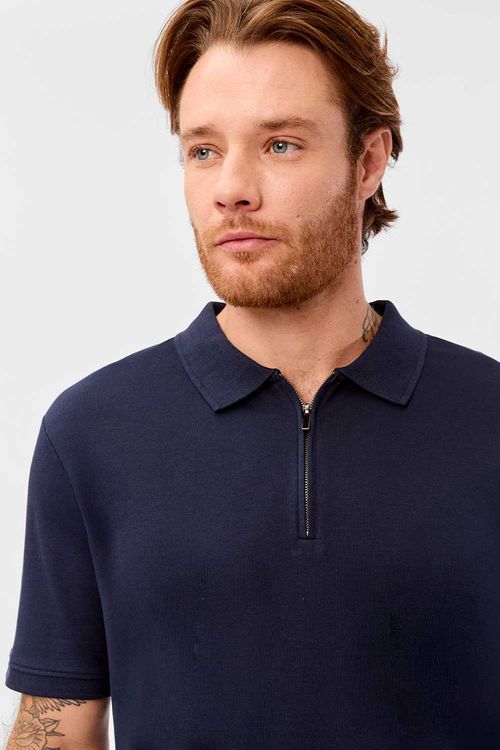 Polo Especial Interlock Com Zíper Azul Marinho