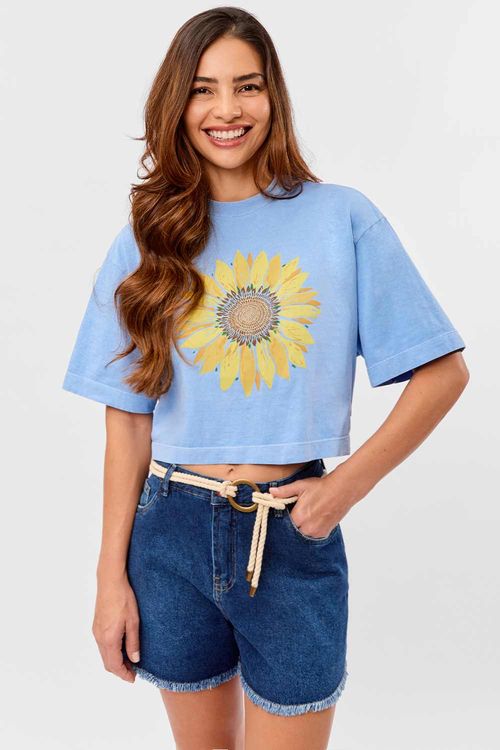 Blusa Estampada Cropped Girassol Azul