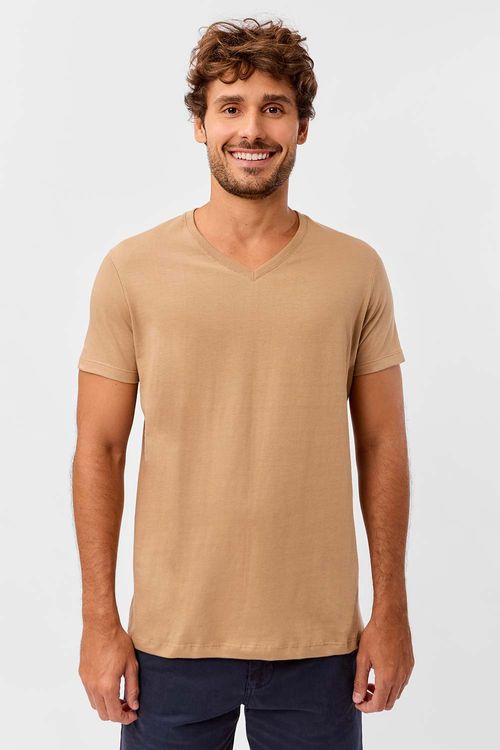 T-Shirt Básica Gola v Premium Sem Costura Nude