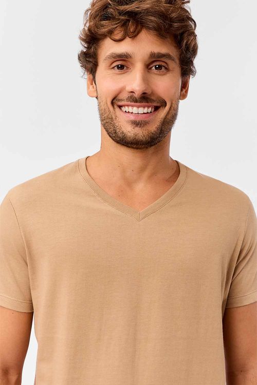 T-Shirt Básica Gola v Premium Sem Costura Nude