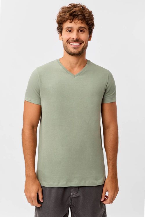 T-Shirt Básica Gola v Premium Sem Costura Verde Clara