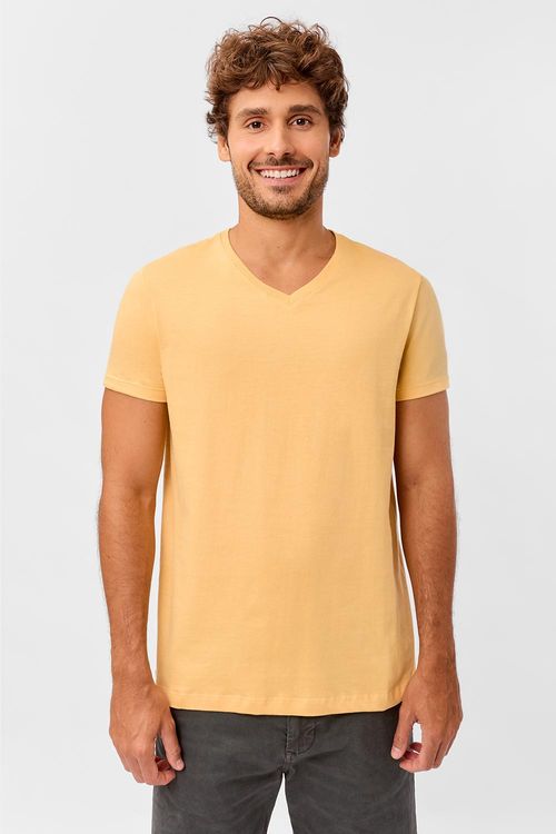 T-Shirt Básica Gola v Premium Sem Costura Amarela Clara