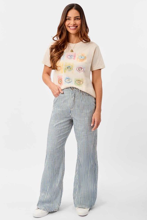 Calça Color Listrada Wide Leg Azul Marinho