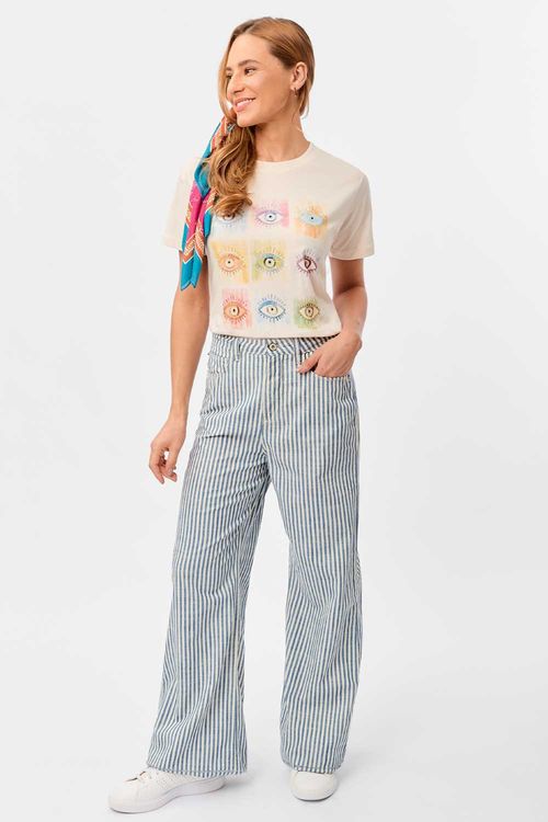 Calça Color Listrada Wide Leg Azul Marinho