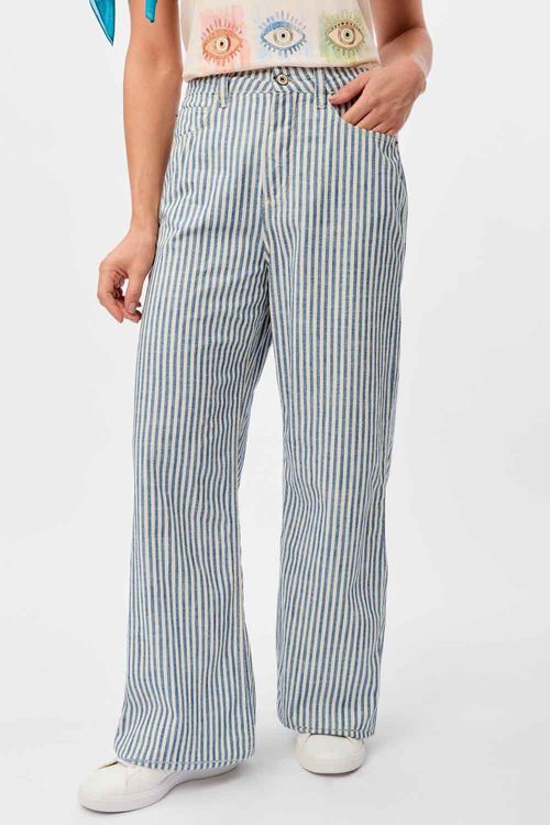 Calça Color Listrada Wide Leg Azul Marinho