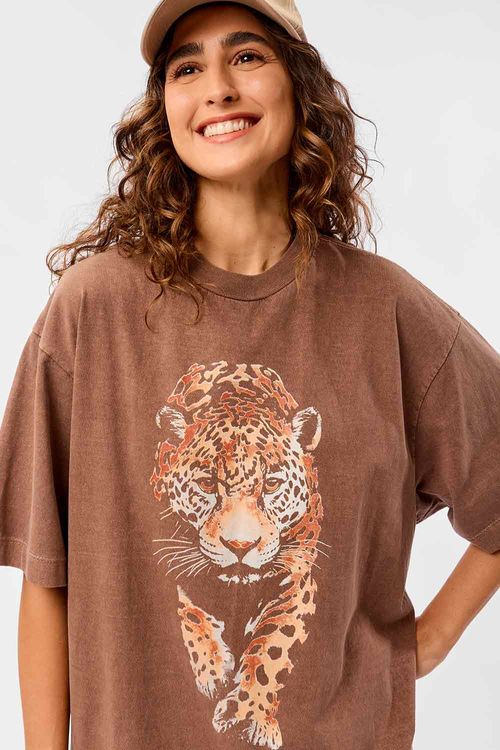 Blusa Estampada Oversized Onça Empoderada Marrom