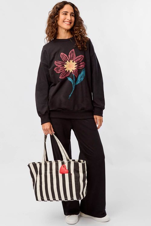 Suéter Moletom Estampado Flor Preto