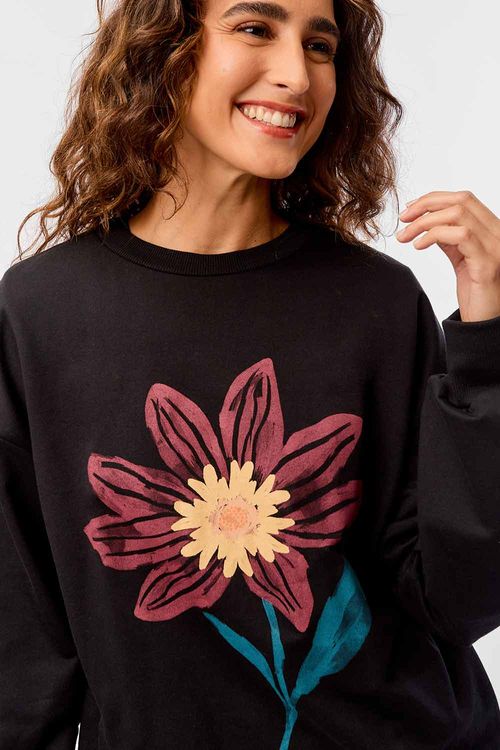 Suéter Moletom Estampado Flor Preto
