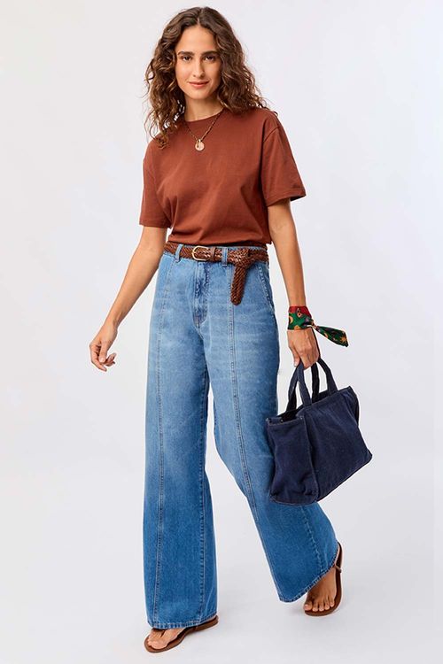 Calça Jeans Wide Leg Com Recortes Azul Jeans