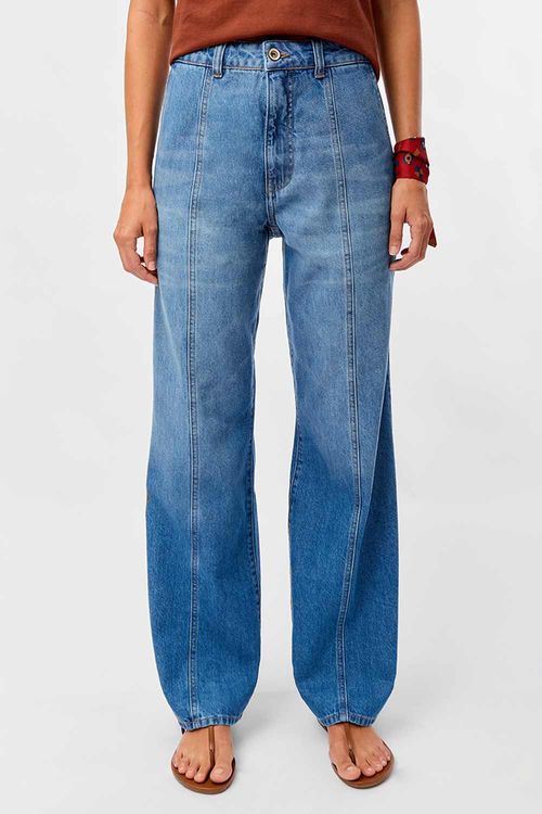 Calça Jeans Wide Leg Com Recortes Azul Jeans
