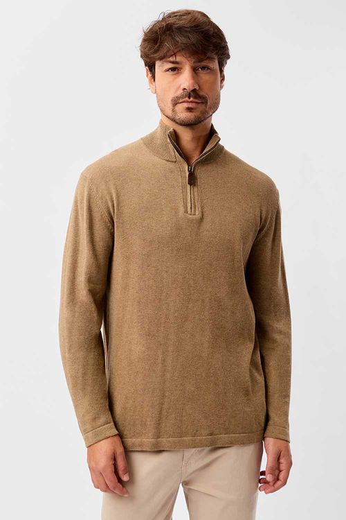 Suéter Mesclado Gola Meio Zíper Khaki