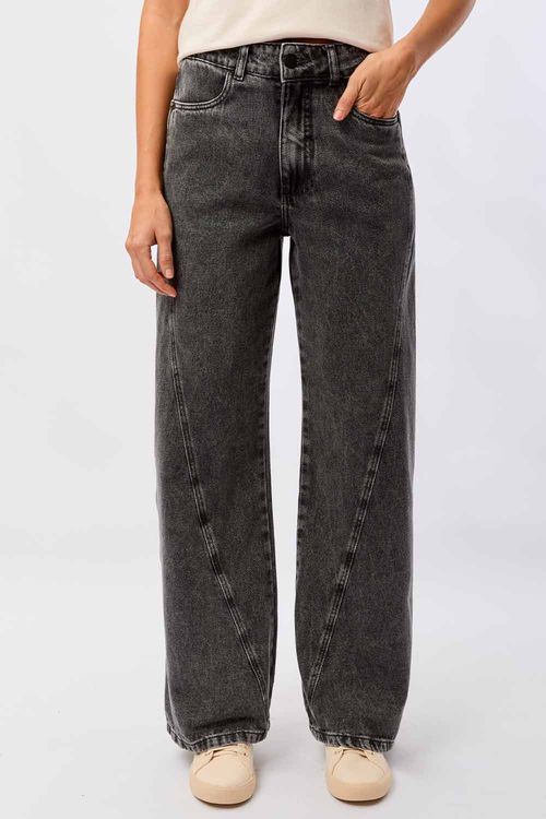Calça Jeans Wide Leg Recortes Preta