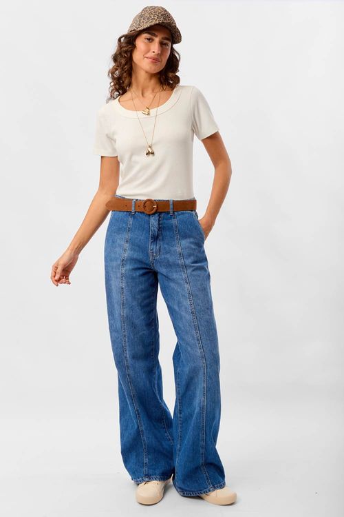 Calça Jeans Wide Leg Com Recortes Azul Jeans