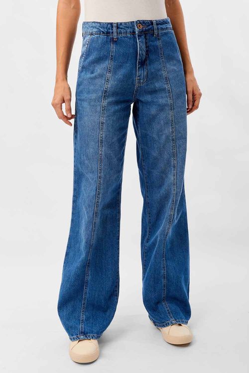 Calça Jeans Wide Leg Com Recortes Azul Jeans