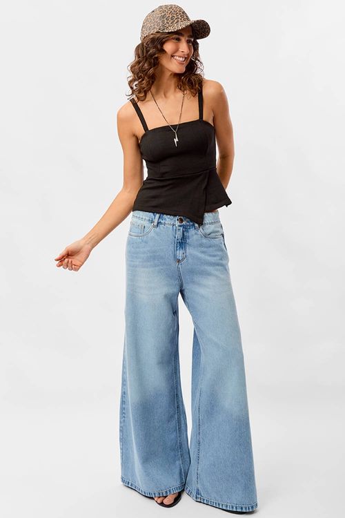 Calça Jeans Wide Leg Palazzo Azul Jeans