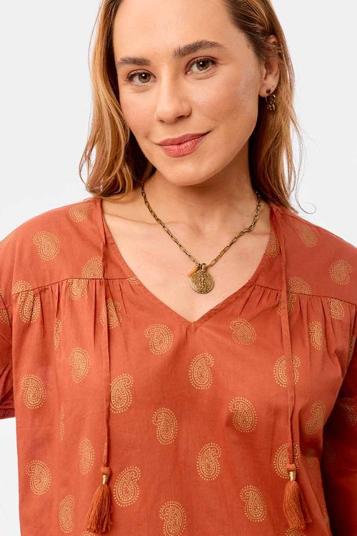 Blusa Bata Estampada Cashmere Telha