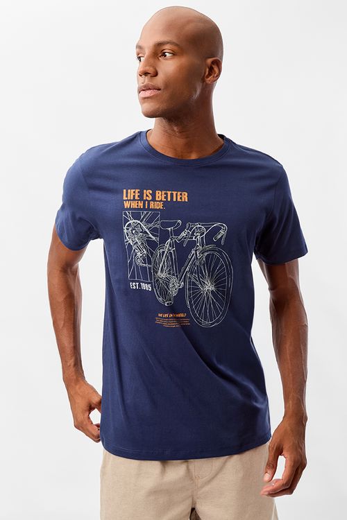 T-Shirt Estampada Bike Life Azul Marinho