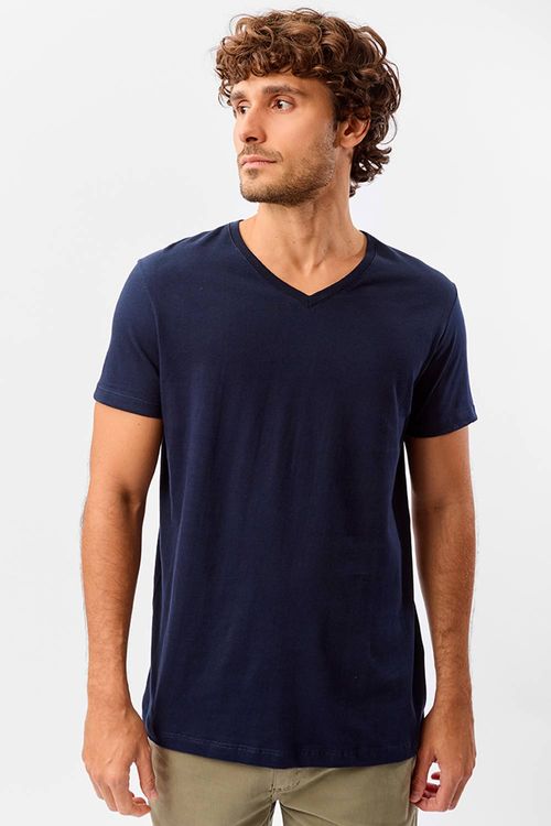 T-Shirt Básica Premium Fit Gola v Sem Costura Lateral Azul Escuro