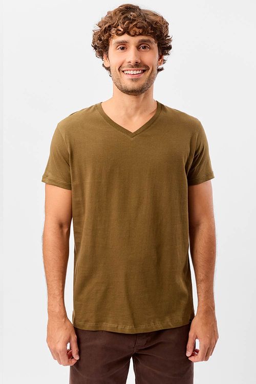 T-Shirt Básica Premium Fit Gola v Sem Costura Lateral Verde Musgo