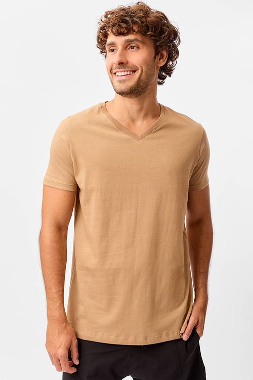 T-Shirt Básica Premium Fit Gola v Sem Costura Lateral Nude