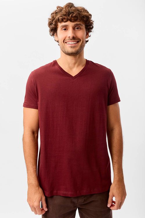 T-Shirt Básica Premium Fit Gola v Sem Costura Lateral Vinho