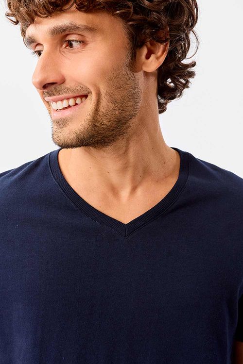 T-Shirt Básica Premium Fit Gola v Sem Costura Lateral Azul Escuro