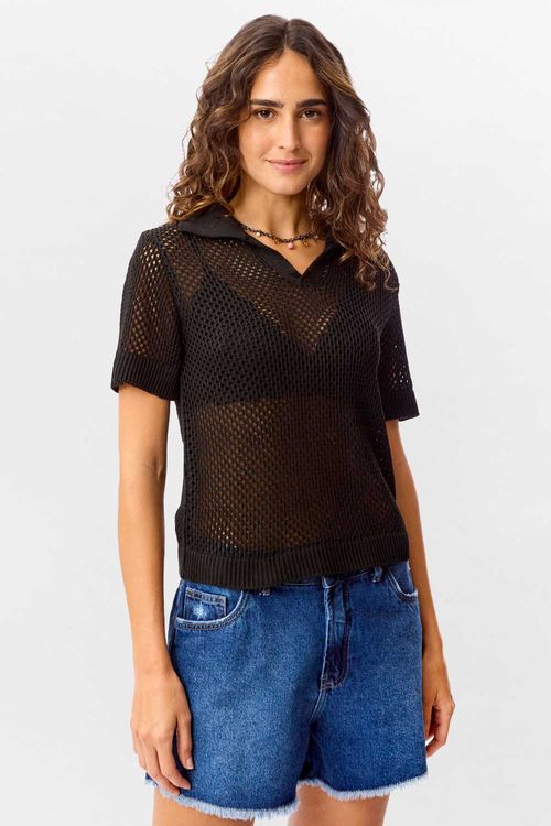 Blusa Polo Tricot Vazado Preta