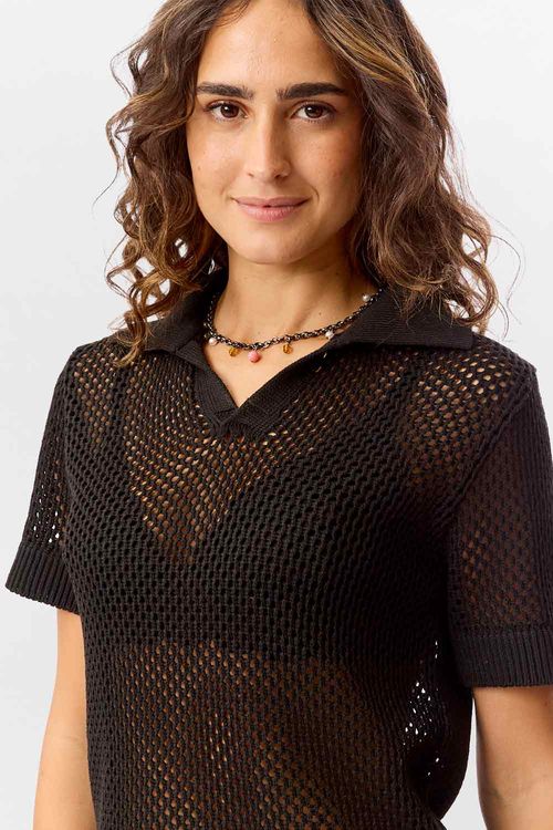 Blusa Polo Tricot Vazado Preta